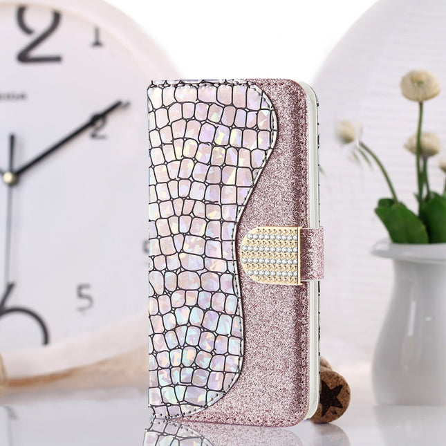 For iPhone 12 mini Laser Glitter Powder Matching Crocodile Texture Horizontal Flip Leather Case with Card Slots & Holder & Wallet(Silver)-garmade.com