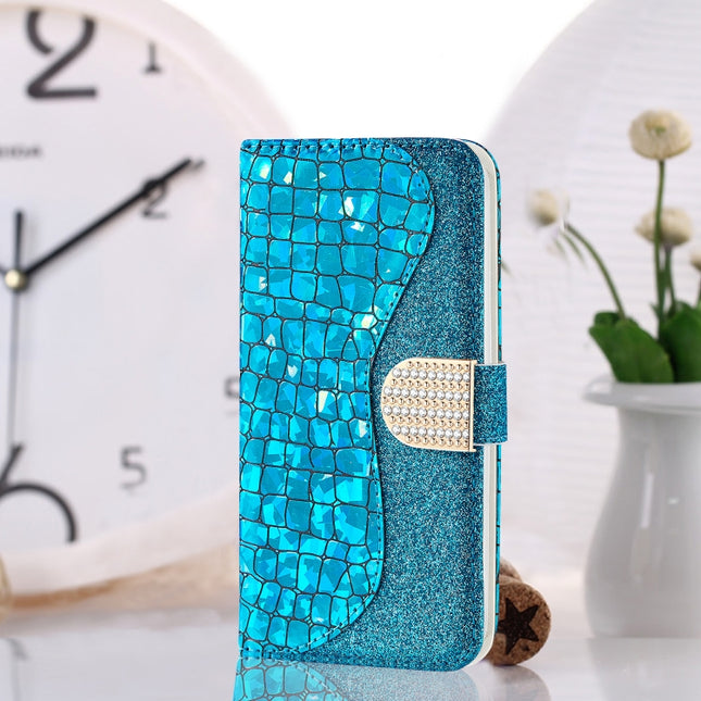 For iPhone 12 mini Laser Glitter Powder Matching Crocodile Texture Horizontal Flip Leather Case with Card Slots & Holder & Wallet(Blue)-garmade.com