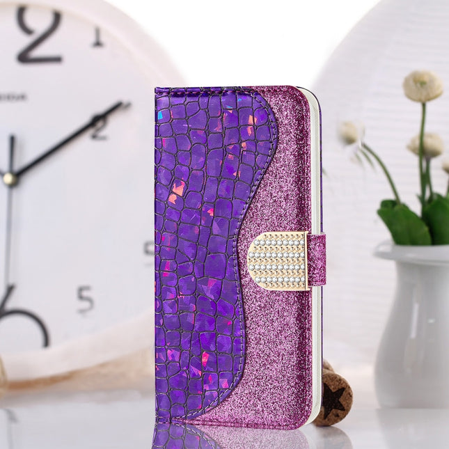 For iPhone 12 mini Laser Glitter Powder Matching Crocodile Texture Horizontal Flip Leather Case with Card Slots & Holder & Wallet(Purple)-garmade.com