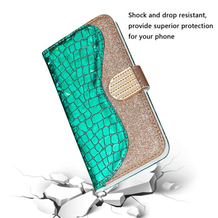 For iPhone 12 / 12 Pro Laser Glitter Powder Matching Crocodile Texture Horizontal Flip Leather Case with Card Slots & Holder & Wallet(Green)-garmade.com
