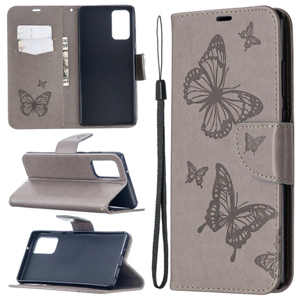 For Samsung Galaxy Note20 Embossing Two Butterflies Pattern Horizontal Flip PU Leather Case with Holder & Card Slot & Wallet & Lanyard(Grey)-garmade.com