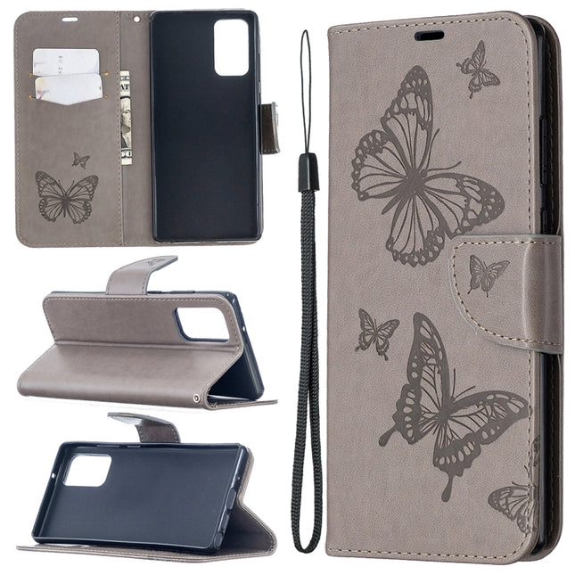 For Samsung Galaxy Note20 Embossing Two Butterflies Pattern Horizontal Flip PU Leather Case with Holder & Card Slot & Wallet & Lanyard(Grey)-garmade.com