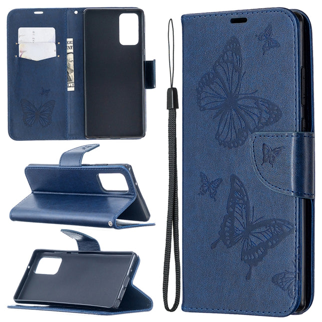 For Samsung Galaxy Note20 Embossing Two Butterflies Pattern Horizontal Flip PU Leather Case with Holder & Card Slot & Wallet & Lanyard(Blue)-garmade.com