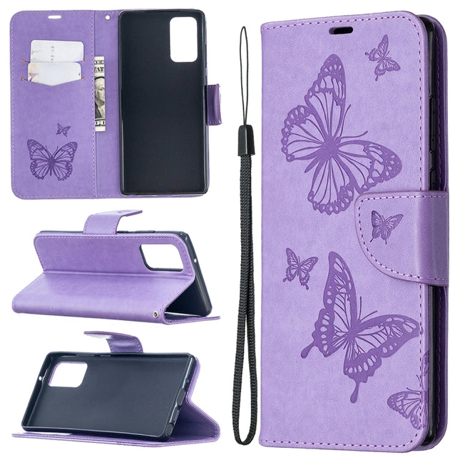For Samsung Galaxy Note20 Embossing Two Butterflies Pattern Horizontal Flip PU Leather Case with Holder & Card Slot & Wallet & Lanyard(Purple)-garmade.com