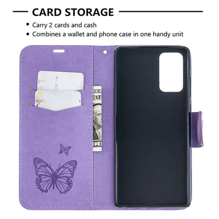 For Samsung Galaxy Note20 Embossing Two Butterflies Pattern Horizontal Flip PU Leather Case with Holder & Card Slot & Wallet & Lanyard(Purple)-garmade.com