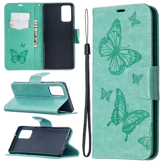 For Samsung Galaxy Note20 Embossing Two Butterflies Pattern Horizontal Flip PU Leather Case with Holder & Card Slot & Wallet & Lanyard(Green)-garmade.com