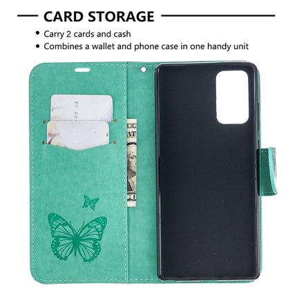 For Samsung Galaxy Note20 Embossing Two Butterflies Pattern Horizontal Flip PU Leather Case with Holder & Card Slot & Wallet & Lanyard(Green)-garmade.com