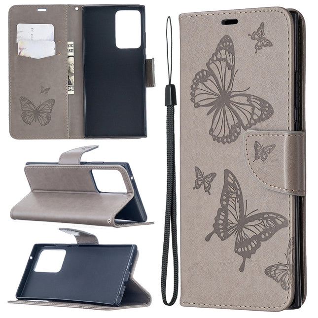 For Samsung Galaxy Note20 Ultra Embossing Two Butterflies Pattern Horizontal Flip PU Leather Case with Holder & Card Slot & Wallet & Lanyard(Grey)-garmade.com