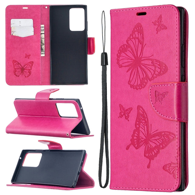 For Samsung Galaxy Note20 Ultra Embossing Two Butterflies Pattern Horizontal Flip PU Leather Case with Holder & Card Slot & Wallet & Lanyard(Rose Red)-garmade.com