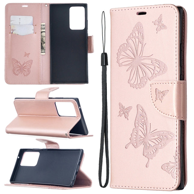 For Samsung Galaxy Note20 Ultra Embossing Two Butterflies Pattern Horizontal Flip PU Leather Case with Holder & Card Slot & Wallet & Lanyard(Rose Gold)-garmade.com