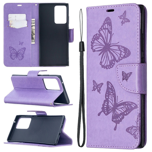 For Samsung Galaxy Note20 Ultra Embossing Two Butterflies Pattern Horizontal Flip PU Leather Case with Holder & Card Slot & Wallet & Lanyard(Purple)-garmade.com