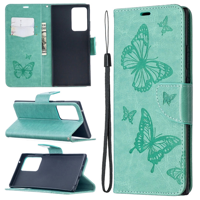 For Samsung Galaxy Note20 Ultra Embossing Two Butterflies Pattern Horizontal Flip PU Leather Case with Holder & Card Slot & Wallet & Lanyard(Green)-garmade.com
