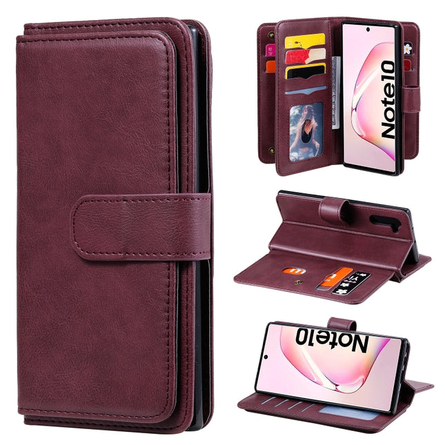 For Samsung Galaxy Note10 Multifunctional Magnetic Copper Buckle Horizontal Flip Solid Color Leather Case with 10 Card Slots & Wallet & Holder & Photo Frame(Wine Red)-garmade.com