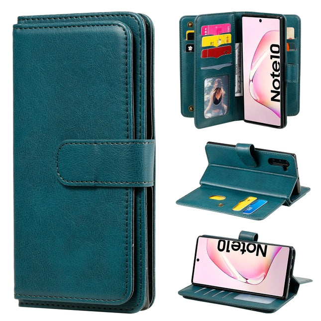 For Samsung Galaxy Note10 Multifunctional Magnetic Copper Buckle Horizontal Flip Solid Color Leather Case with 10 Card Slots & Wallet & Holder & Photo Frame(Dark Green)-garmade.com