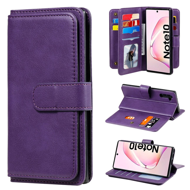 For Samsung Galaxy Note10 Multifunctional Magnetic Copper Buckle Horizontal Flip Solid Color Leather Case with 10 Card Slots & Wallet & Holder & Photo Frame(Purple)-garmade.com