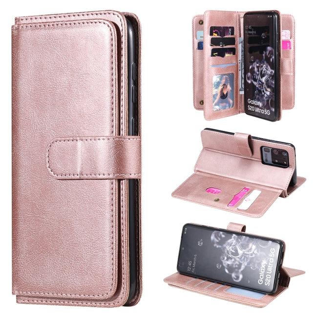 For Samsung Galaxy S20 Ultra 5G Multifunctional Magnetic Copper Buckle Horizontal Flip Solid Color Leather Case with 10 Card Slots & Wallet & Holder & Photo Frame(Rose Gold)-garmade.com