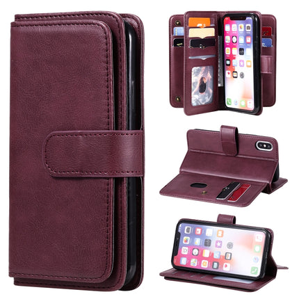 For iPhone XS / X Multifunctional Magnetic Copper Buckle Horizontal Flip Solid Color Leather Case with 10 Card Slots & Wallet & Holder & Photo Frame(Wine Red)-garmade.com