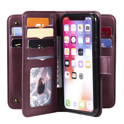 For iPhone XS / X Multifunctional Magnetic Copper Buckle Horizontal Flip Solid Color Leather Case with 10 Card Slots & Wallet & Holder & Photo Frame(Wine Red)-garmade.com