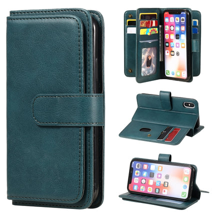 For iPhone XS / X Multifunctional Magnetic Copper Buckle Horizontal Flip Solid Color Leather Case with 10 Card Slots & Wallet & Holder & Photo Frame(Dark Green)-garmade.com