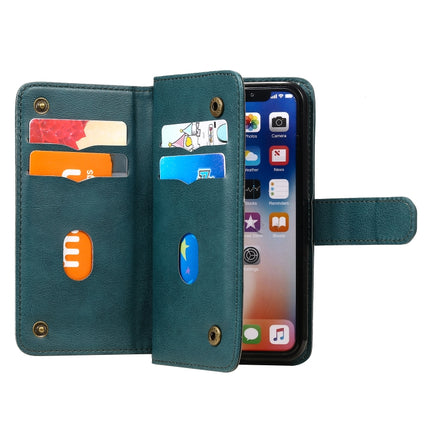 For iPhone XS / X Multifunctional Magnetic Copper Buckle Horizontal Flip Solid Color Leather Case with 10 Card Slots & Wallet & Holder & Photo Frame(Dark Green)-garmade.com