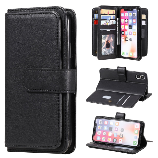 For iPhone XS / X Multifunctional Magnetic Copper Buckle Horizontal Flip Solid Color Leather Case with 10 Card Slots & Wallet & Holder & Photo Frame(Black)-garmade.com