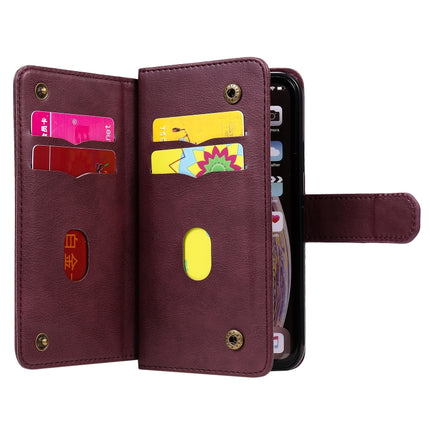For iPhone XR Multifunctional Magnetic Copper Buckle Horizontal Flip Solid Color Leather Case with 10 Card Slots & Wallet & Holder & Photo Frame(Wine Red)-garmade.com