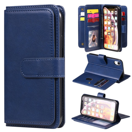 For iPhone XR Multifunctional Magnetic Copper Buckle Horizontal Flip Solid Color Leather Case with 10 Card Slots & Wallet & Holder & Photo Frame(Dark Blue)-garmade.com