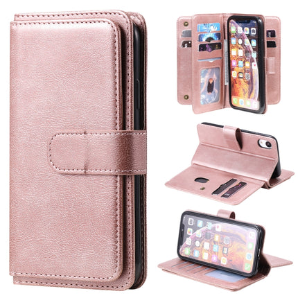 For iPhone XR Multifunctional Magnetic Copper Buckle Horizontal Flip Solid Color Leather Case with 10 Card Slots & Wallet & Holder & Photo Frame(Rose Gold)-garmade.com