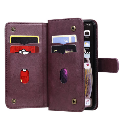 For iPhone XS Max Multifunctional Magnetic Copper Buckle Horizontal Flip Solid Color Leather Case with 10 Card Slots & Wallet & Holder & Photo Frame(Wine Red)-garmade.com