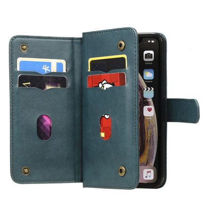 For iPhone XS Max Multifunctional Magnetic Copper Buckle Horizontal Flip Solid Color Leather Case with 10 Card Slots & Wallet & Holder & Photo Frame(Dark Green)-garmade.com
