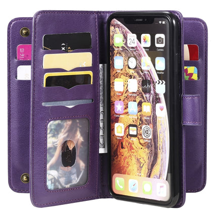 For iPhone XS Max Multifunctional Magnetic Copper Buckle Horizontal Flip Solid Color Leather Case with 10 Card Slots & Wallet & Holder & Photo Frame(Purple)-garmade.com