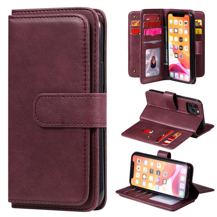 For iPhone 11 Pro Multifunctional Magnetic Copper Buckle Horizontal Flip Solid Color Leather Case with 10 Card Slots & Wallet & Holder & Photo Frame(Wine Red)-garmade.com