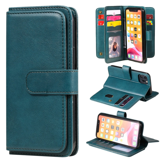 For iPhone 11 Pro Multifunctional Magnetic Copper Buckle Horizontal Flip Solid Color Leather Case with 10 Card Slots & Wallet & Holder & Photo Frame(Dark Green)-garmade.com