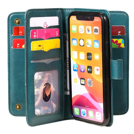 For iPhone 11 Pro Multifunctional Magnetic Copper Buckle Horizontal Flip Solid Color Leather Case with 10 Card Slots & Wallet & Holder & Photo Frame(Dark Green)-garmade.com