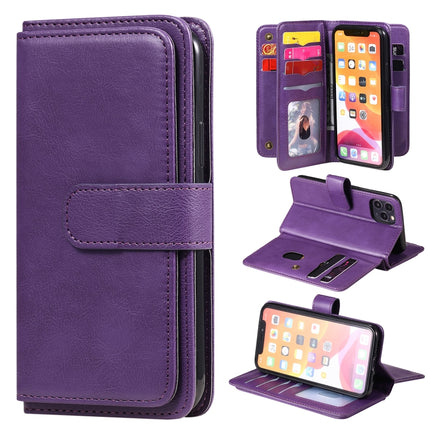 For iPhone 11 Pro Multifunctional Magnetic Copper Buckle Horizontal Flip Solid Color Leather Case with 10 Card Slots & Wallet & Holder & Photo Frame(Purple)-garmade.com