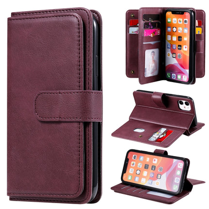 For iPhone 11 Multifunctional Magnetic Copper Buckle Horizontal Flip Solid Color Leather Case with 10 Card Slots & Wallet & Holder & Photo Frame(Wine Red)-garmade.com