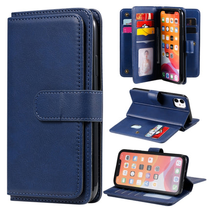 For iPhone 11 Multifunctional Magnetic Copper Buckle Horizontal Flip Solid Color Leather Case with 10 Card Slots & Wallet & Holder & Photo Frame(Dark Blue)-garmade.com