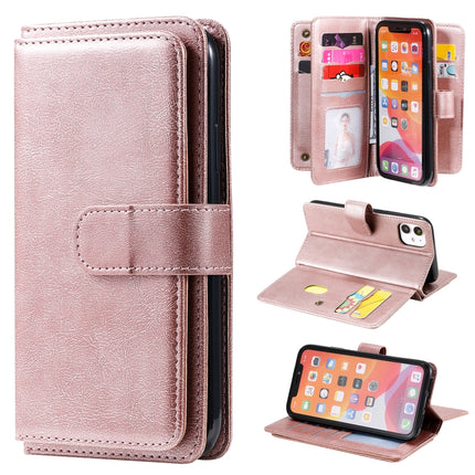 For iPhone 11 Multifunctional Magnetic Copper Buckle Horizontal Flip Solid Color Leather Case with 10 Card Slots & Wallet & Holder & Photo Frame(Rose Gold)-garmade.com