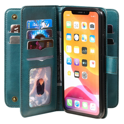 For iPhone 11 Pro Max Multifunctional Magnetic Copper Buckle Horizontal Flip Solid Color Leather Case with 10 Card Slots & Wallet & Holder & Photo Frame(Dark Green)-garmade.com