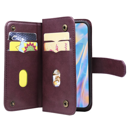 For iPhone 12 mini Multifunctional Magnetic Copper Buckle Horizontal Flip Solid Color Leather Case with 10 Card Slots & Wallet & Holder & Photo Frame(Wine Red)-garmade.com