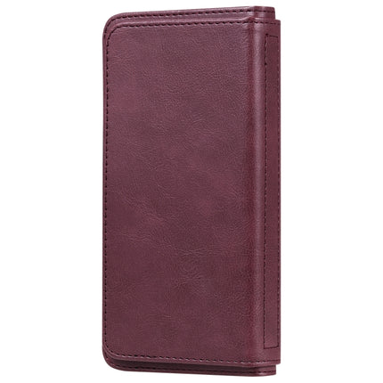 Multifunctional Magnetic Copper Buckle Horizontal Flip Solid Color Leather Case with 10 Card Slots & Wallet & Holder & Photo Frame(Wine Red)-garmade.com