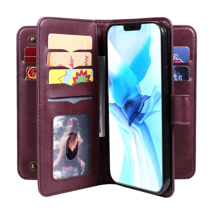 Multifunctional Magnetic Copper Buckle Horizontal Flip Solid Color Leather Case with 10 Card Slots & Wallet & Holder & Photo Frame(Wine Red)-garmade.com
