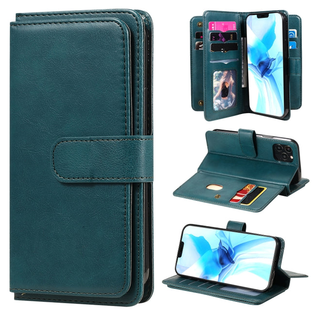 Multifunctional Magnetic Copper Buckle Horizontal Flip Solid Color Leather Case with 10 Card Slots & Wallet & Holder & Photo Frame(Dark Green)-garmade.com