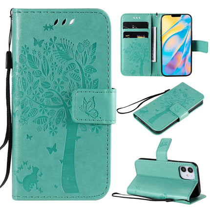 For iPhone 12 mini Tree & Cat Embossed Pattern Horizontal Flip Leather Case with Holder & Card Slots & Wallet & Lanyard(Green)-garmade.com