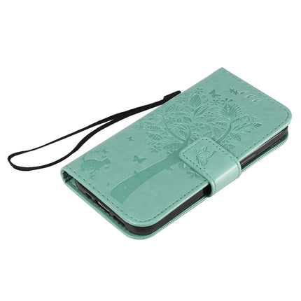 For iPhone 12 mini Tree & Cat Embossed Pattern Horizontal Flip Leather Case with Holder & Card Slots & Wallet & Lanyard(Green)-garmade.com