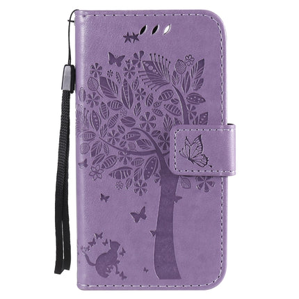 For iPhone 12 mini Tree & Cat Embossed Pattern Horizontal Flip Leather Case with Holder & Card Slots & Wallet & Lanyard(Light Purple)-garmade.com