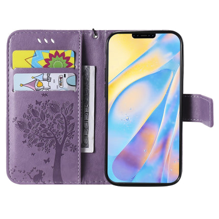 For iPhone 12 mini Tree & Cat Embossed Pattern Horizontal Flip Leather Case with Holder & Card Slots & Wallet & Lanyard(Light Purple)-garmade.com