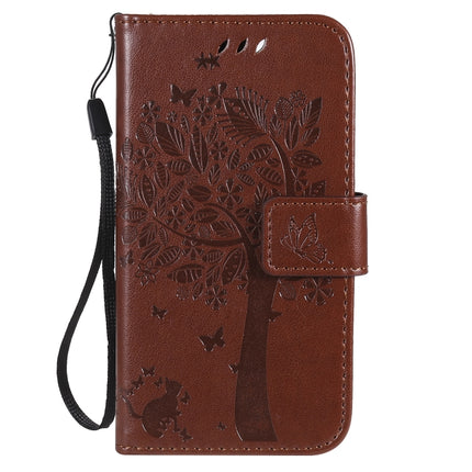 For iPhone 12 mini Tree & Cat Embossed Pattern Horizontal Flip Leather Case with Holder & Card Slots & Wallet & Lanyard(Coffee)-garmade.com