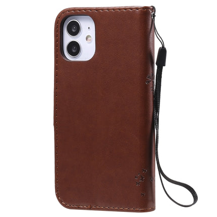 For iPhone 12 mini Tree & Cat Embossed Pattern Horizontal Flip Leather Case with Holder & Card Slots & Wallet & Lanyard(Coffee)-garmade.com