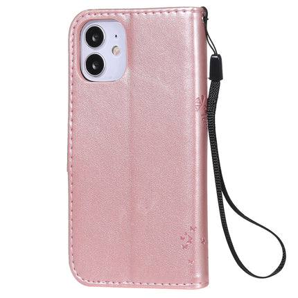 For iPhone 12 mini Tree & Cat Embossed Pattern Horizontal Flip Leather Case with Holder & Card Slots & Wallet & Lanyard(Rose Gold)-garmade.com